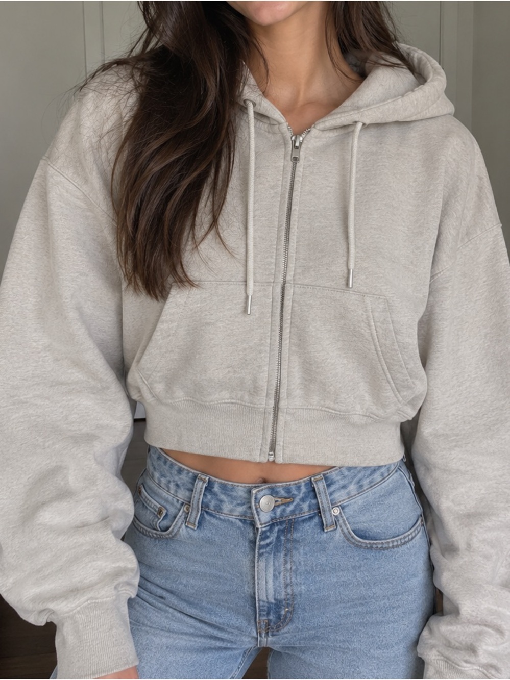 Beige Cropped Zip Hoodie Jacket in Size S